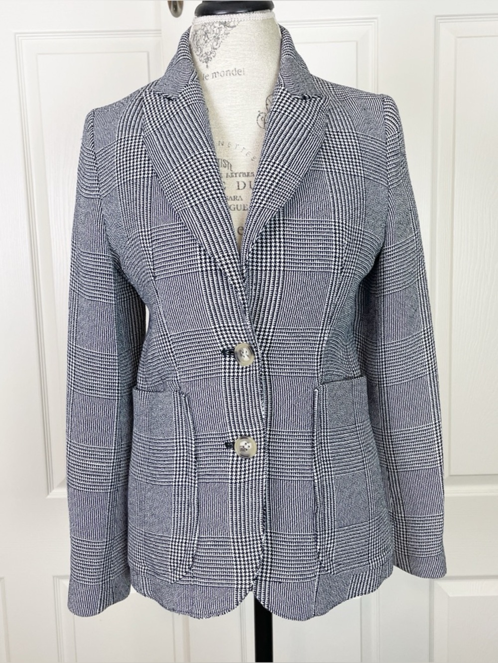 SMYTHE Portrait Neck Blazer Navy Prince of Wales Glen Plaid Linen Blend 8 - Picture 2 of 10